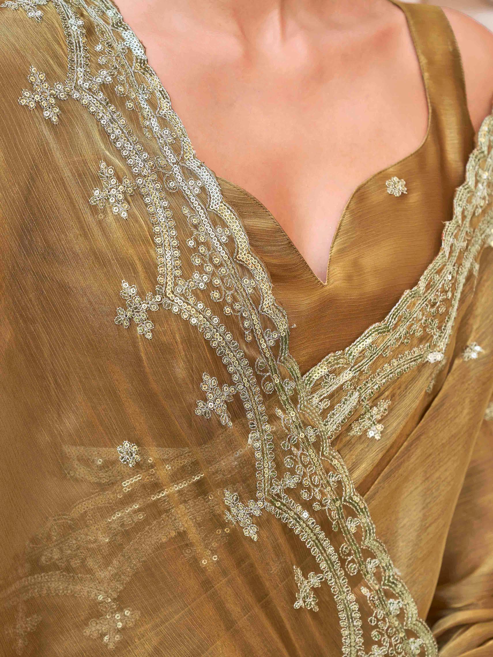 Gold colored jimmy chooo sequinned embroidered saree